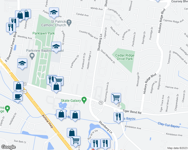 map of restaurants, bars, coffee shops, grocery stores, and more near 5864-5962 Stumberg Lane in Baton Rouge