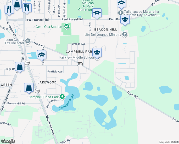 map of restaurants, bars, coffee shops, grocery stores, and more near 612 County Road 259 in Tallahassee