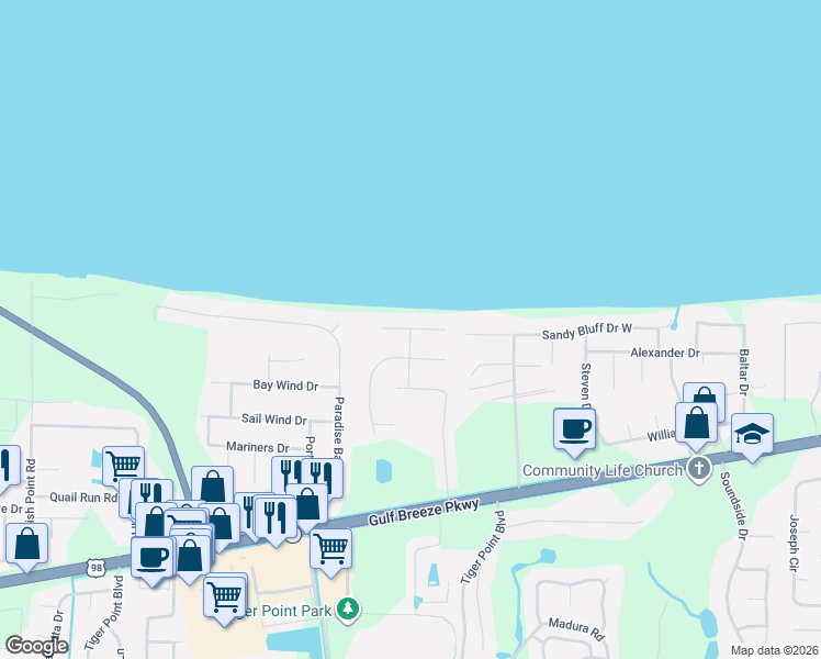 map of restaurants, bars, coffee shops, grocery stores, and more near 1699 Yachtmans Way in Gulf Breeze