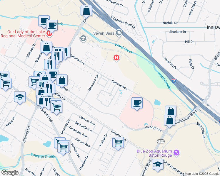 map of restaurants, bars, coffee shops, grocery stores, and more near 5212 Butter Creek Lane in Baton Rouge