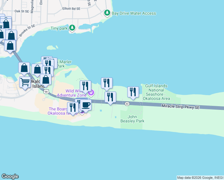 map of restaurants, bars, coffee shops, grocery stores, and more near 1326 Miracle Strip Parkway Southeast in Okaloosa Island