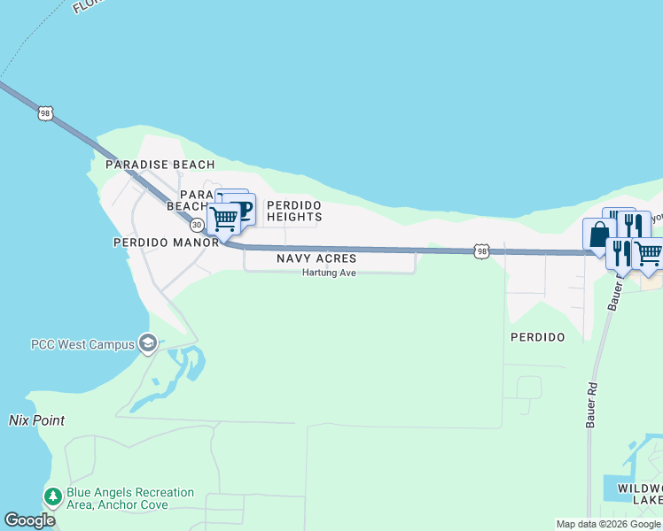 map of restaurants, bars, coffee shops, grocery stores, and more near 12911 Lillian Highway in Pensacola