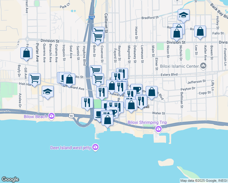 map of restaurants, bars, coffee shops, grocery stores, and more near 870 Howard Avenue in Biloxi