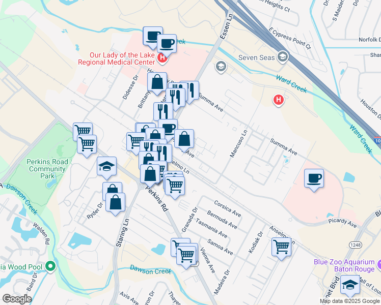 map of restaurants, bars, coffee shops, grocery stores, and more near 7941 Picardy Avenue in Baton Rouge