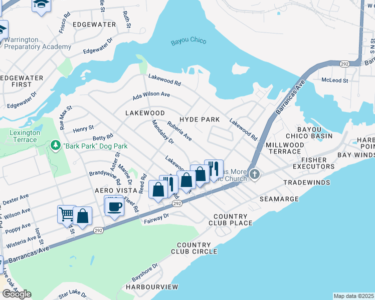 map of restaurants, bars, coffee shops, grocery stores, and more near 106 Mandalay Drive in Pensacola