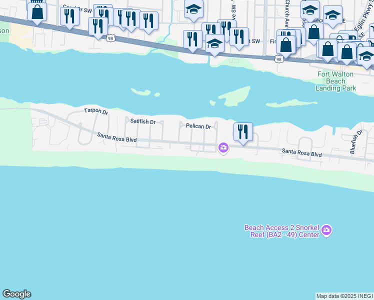 map of restaurants, bars, coffee shops, grocery stores, and more near 676 Pelican Drive in Okaloosa Island