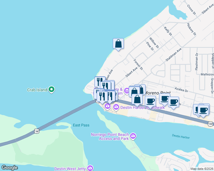 map of restaurants, bars, coffee shops, grocery stores, and more near 820 Zerbe Street in Destin