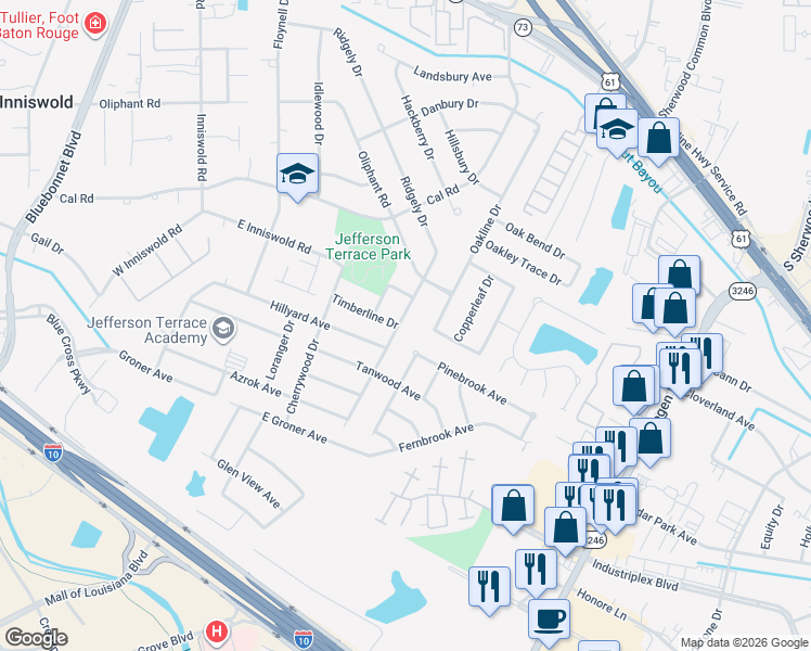 map of restaurants, bars, coffee shops, grocery stores, and more near 10471 Barry Drive in Baton Rouge