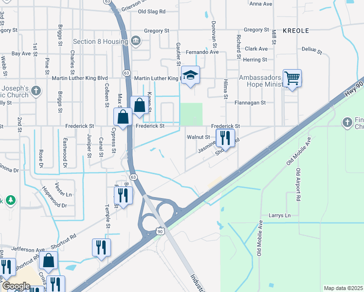 map of restaurants, bars, coffee shops, grocery stores, and more near 3901 Camellia St in Moss Point