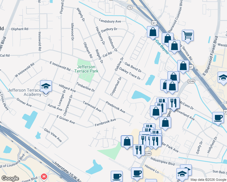 map of restaurants, bars, coffee shops, grocery stores, and more near 10139 Copperleaf Drive in Baton Rouge