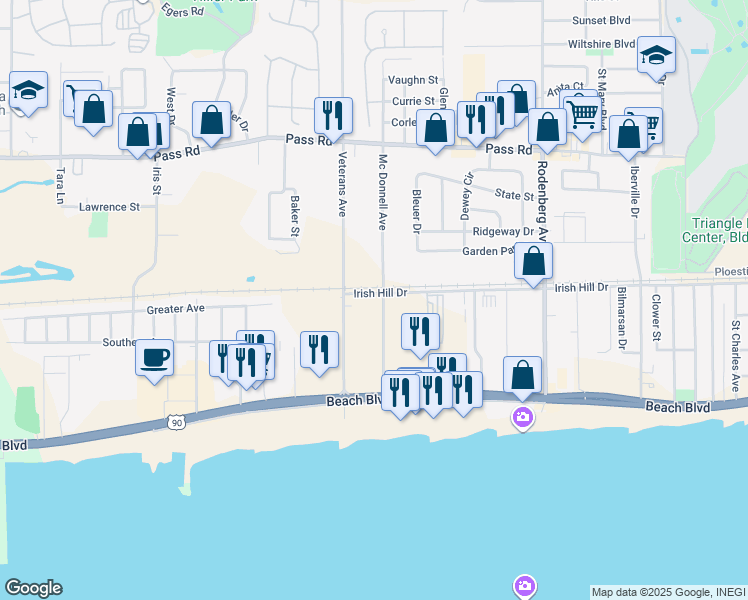 map of restaurants, bars, coffee shops, grocery stores, and more near 1805 Irish Hill Drive in Biloxi