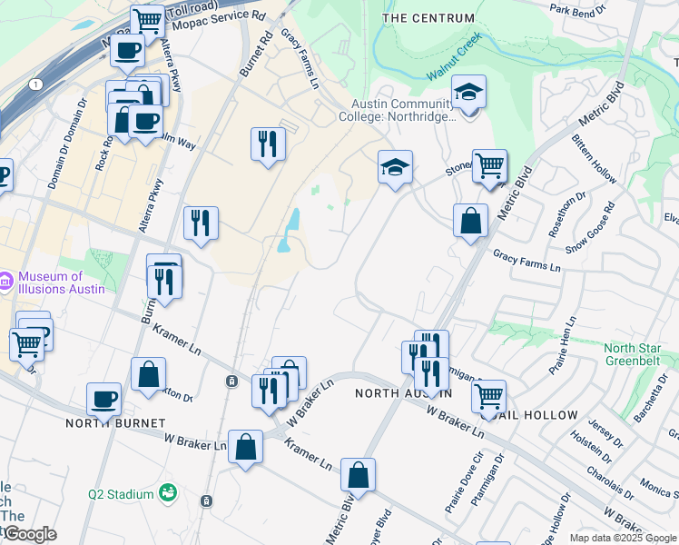 map of restaurants, bars, coffee shops, grocery stores, and more near 11301 Burnet Rd in Austin