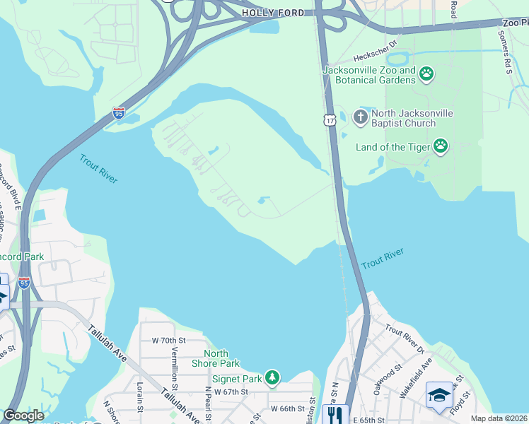 map of restaurants, bars, coffee shops, grocery stores, and more near 335 Broward Road in Jacksonville