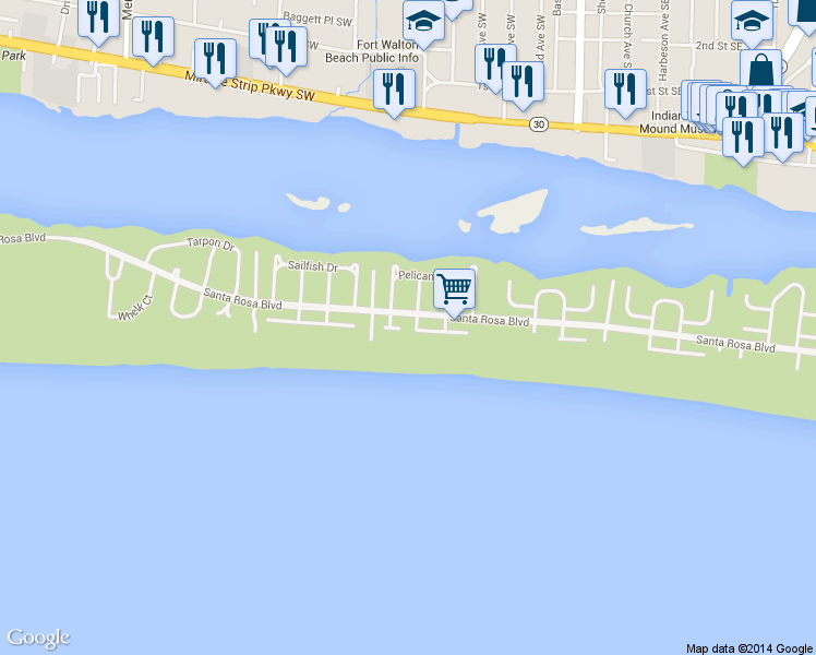map of restaurants, bars, coffee shops, grocery stores, and more near 676 Pelican Drive in Okaloosa Island