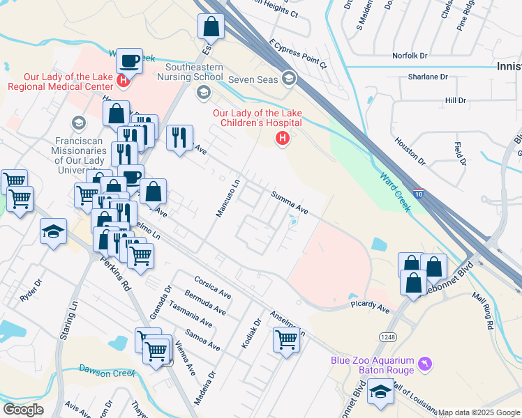 map of restaurants, bars, coffee shops, grocery stores, and more near 5143c Blair Lane in Baton Rouge