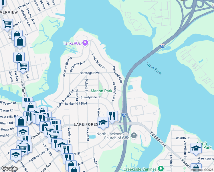 map of restaurants, bars, coffee shops, grocery stores, and more near 8110 Lexington Drive in Jacksonville