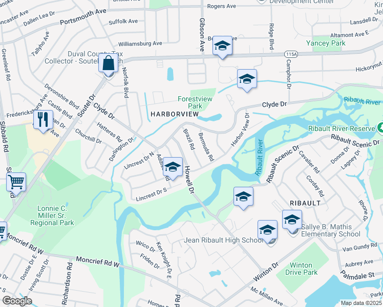 map of restaurants, bars, coffee shops, grocery stores, and more near 8544 Brazil Road in Jacksonville