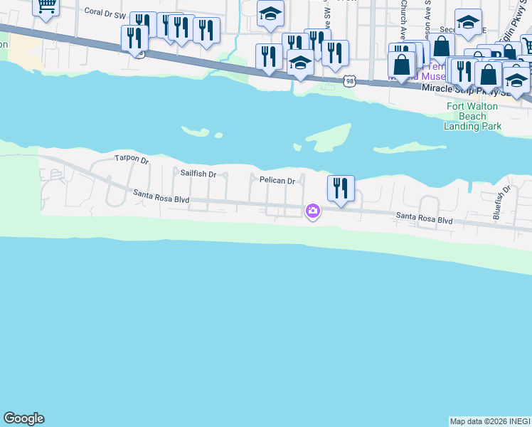 map of restaurants, bars, coffee shops, grocery stores, and more near Pompano Avenue in Okaloosa Island