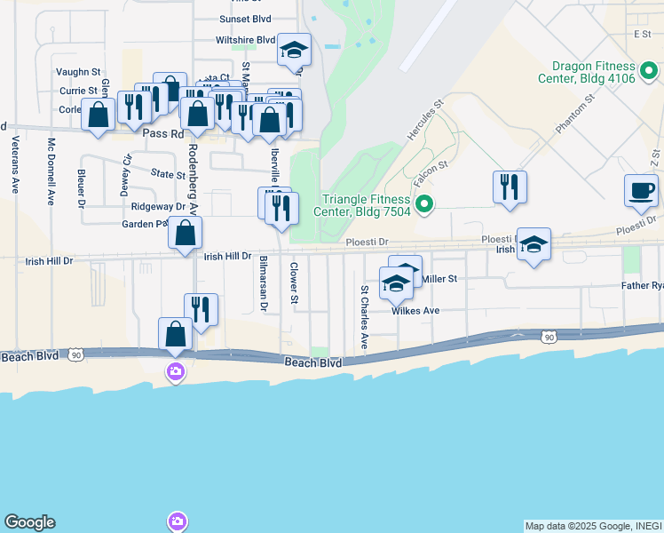 map of restaurants, bars, coffee shops, grocery stores, and more near 186 Acacia Avenue in Biloxi