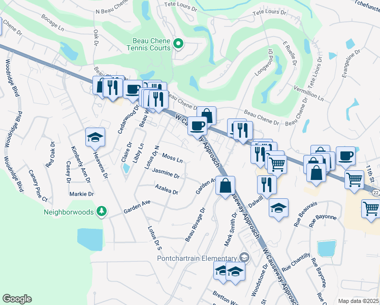 map of restaurants, bars, coffee shops, grocery stores, and more near 641 Village Lane South in Mandeville