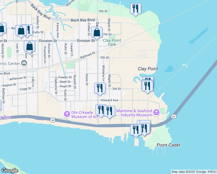 map of restaurants, bars, coffee shops, grocery stores, and more near 171 Maple St in Biloxi