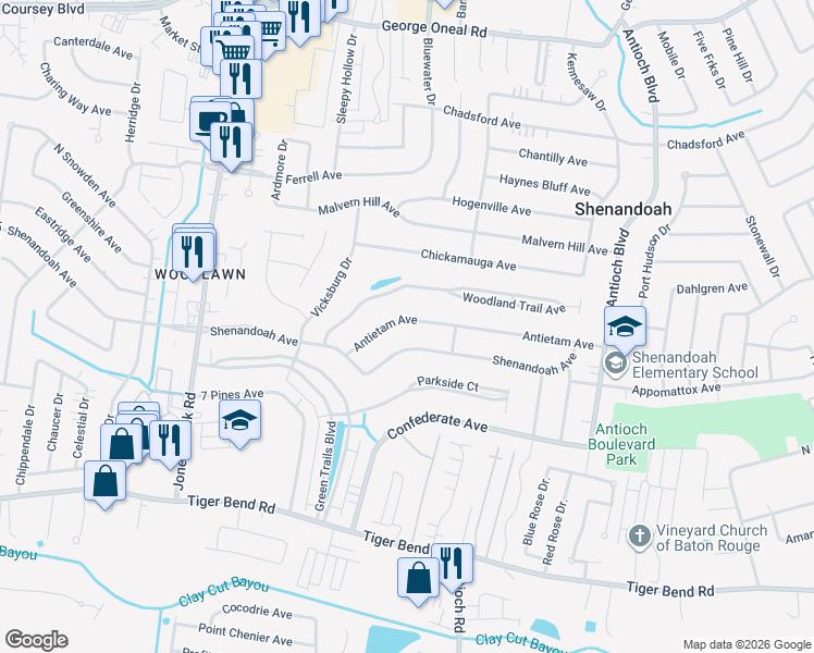 map of restaurants, bars, coffee shops, grocery stores, and more near 15810 Antietam Avenue in Baton Rouge