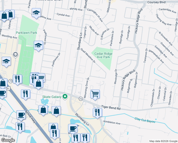 map of restaurants, bars, coffee shops, grocery stores, and more near 5937 Golden Pheasant Court in Baton Rouge