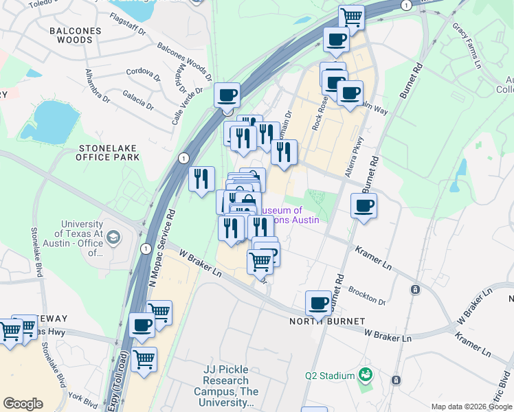 map of restaurants, bars, coffee shops, grocery stores, and more near in Austin