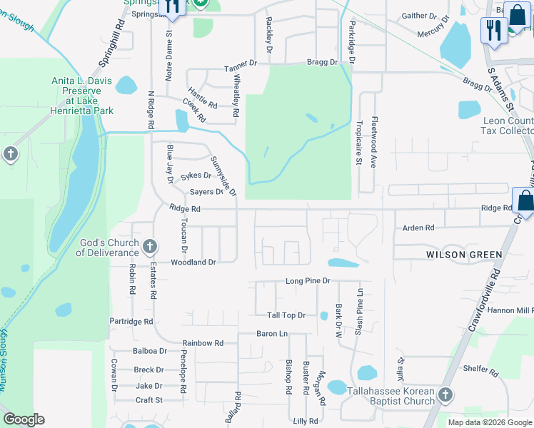 map of restaurants, bars, coffee shops, grocery stores, and more near 839 Ridge Road in Tallahassee