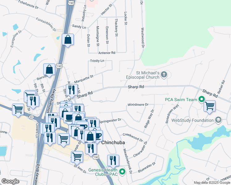 map of restaurants, bars, coffee shops, grocery stores, and more near 2319 Rue Pinckney in Mandeville