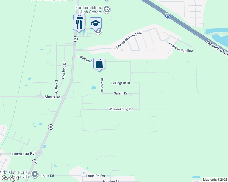 map of restaurants, bars, coffee shops, grocery stores, and more near 209 Salem Drive in Mandeville