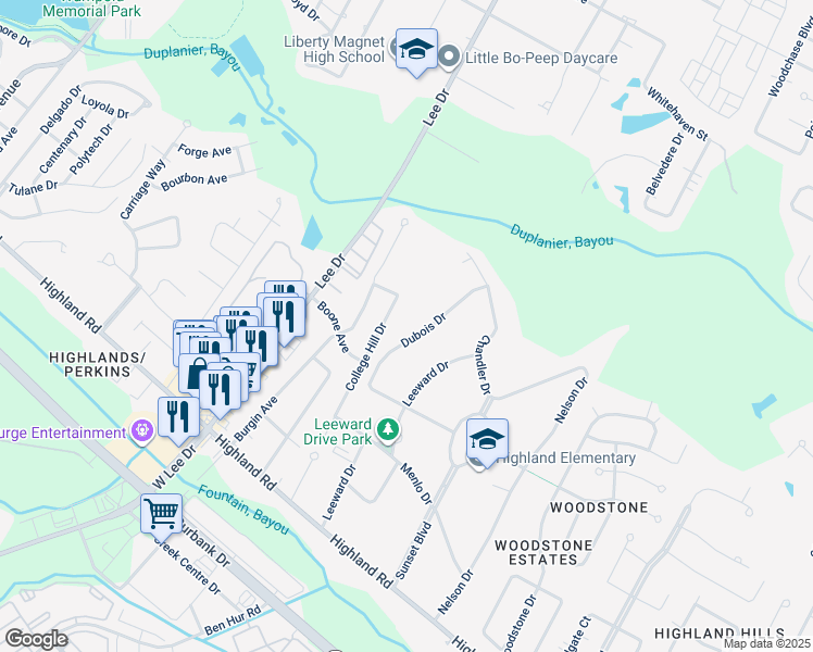 map of restaurants, bars, coffee shops, grocery stores, and more near 646 College Hill Drive in Baton Rouge