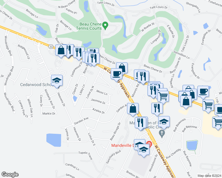 map of restaurants, bars, coffee shops, grocery stores, and more near 637 Village Lane South in Mandeville