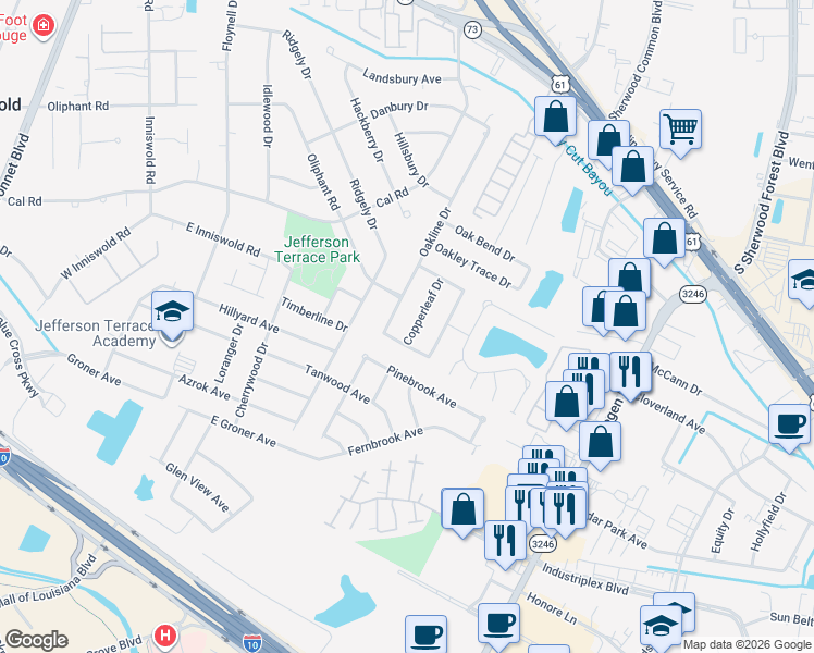 map of restaurants, bars, coffee shops, grocery stores, and more near 10139 Copperleaf Drive in Baton Rouge