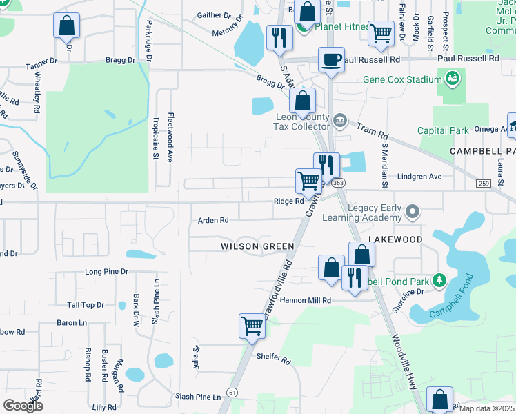 map of restaurants, bars, coffee shops, grocery stores, and more near 205 Ridge Road in Tallahassee