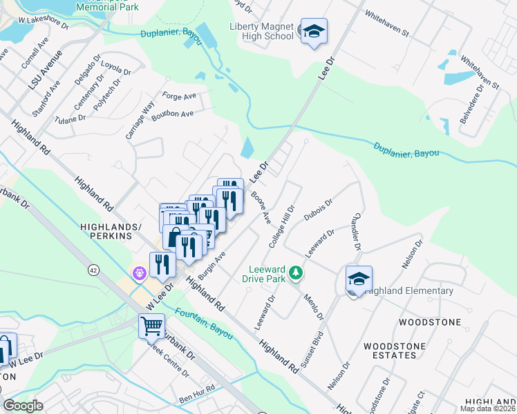 map of restaurants, bars, coffee shops, grocery stores, and more near 5344 Boone Avenue in Baton Rouge