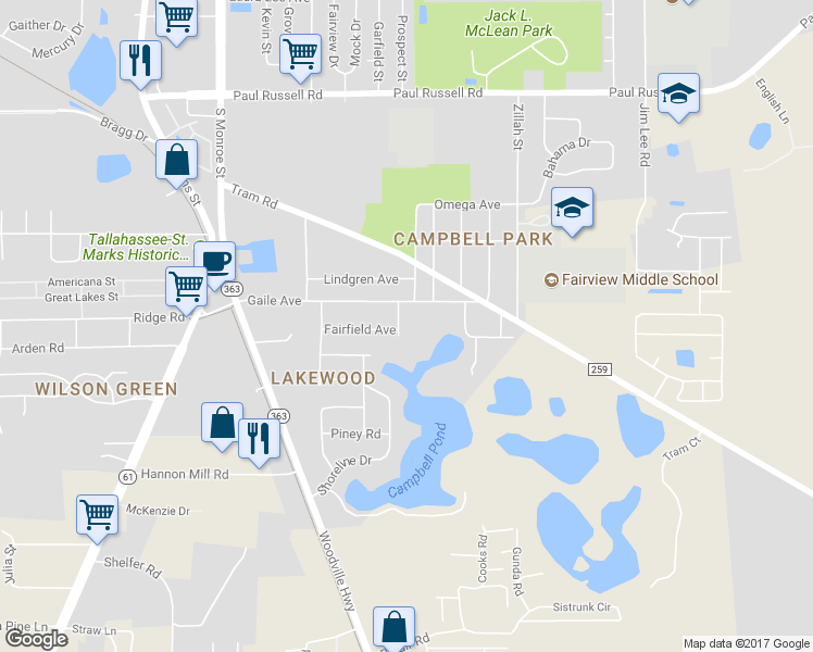 map of restaurants, bars, coffee shops, grocery stores, and more near 3505 Southland Drive in Tallahassee