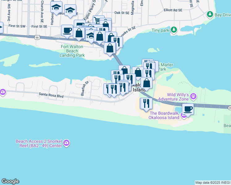map of restaurants, bars, coffee shops, grocery stores, and more near 215 Amberjack Drive in Fort Walton Beach