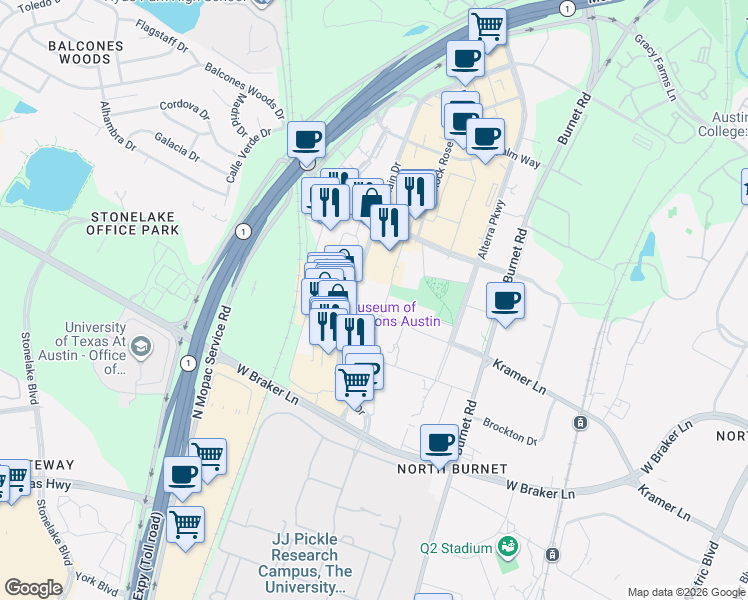 map of restaurants, bars, coffee shops, grocery stores, and more near in Austin
