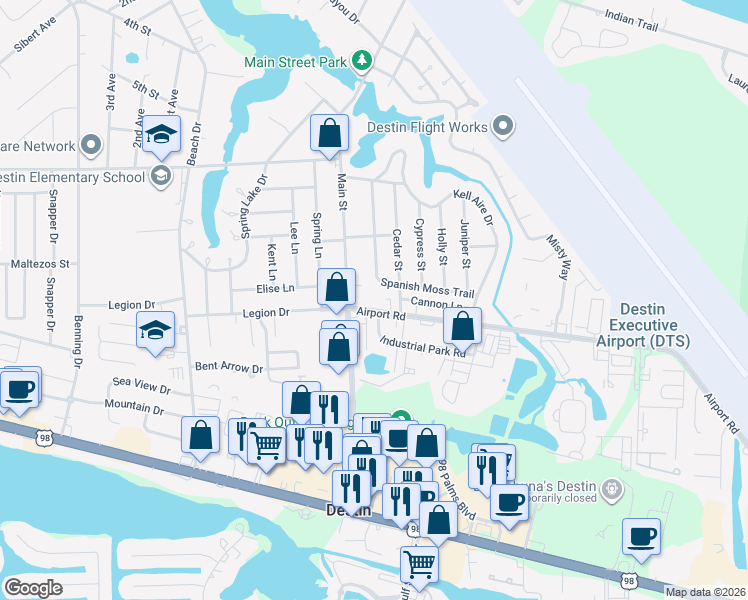 map of restaurants, bars, coffee shops, grocery stores, and more near 807 Airport Road in Destin