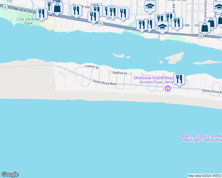 map of restaurants, bars, coffee shops, grocery stores, and more near 790 Santa Rosa Boulevard in Fort Walton Beach