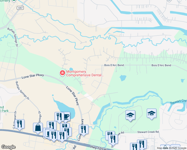 map of restaurants, bars, coffee shops, grocery stores, and more near 19029 Villa Lane in Montgomery