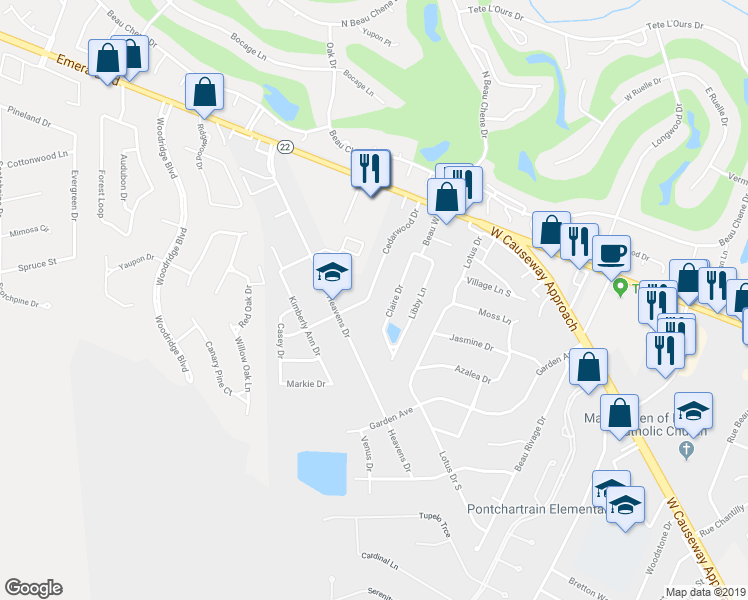 map of restaurants, bars, coffee shops, grocery stores, and more near 603 Cedarwood Drive in Mandeville