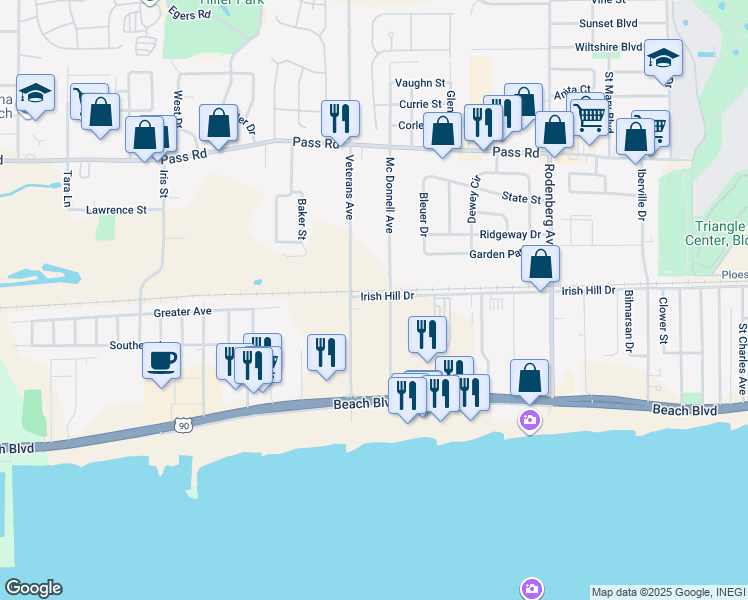 map of restaurants, bars, coffee shops, grocery stores, and more near 1805 Irish Hill Drive in Biloxi