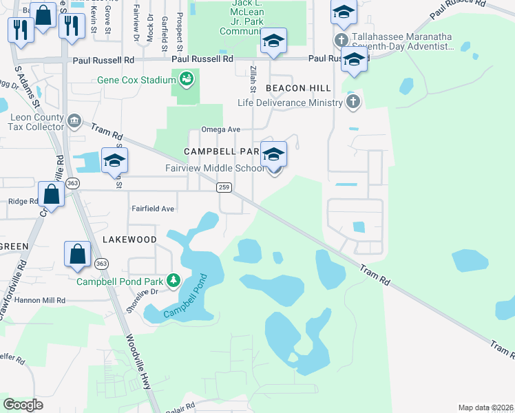 map of restaurants, bars, coffee shops, grocery stores, and more near 612 County Road 259 in Tallahassee