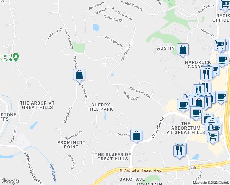 map of restaurants, bars, coffee shops, grocery stores, and more near 9508 Golden Hills Circle in Austin