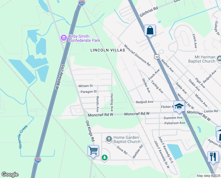 map of restaurants, bars, coffee shops, grocery stores, and more near 6416 Miriam Street in Jacksonville
