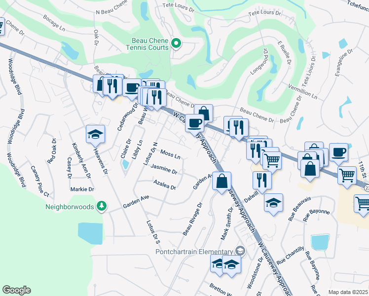 map of restaurants, bars, coffee shops, grocery stores, and more near 635 Village Lane South in Mandeville