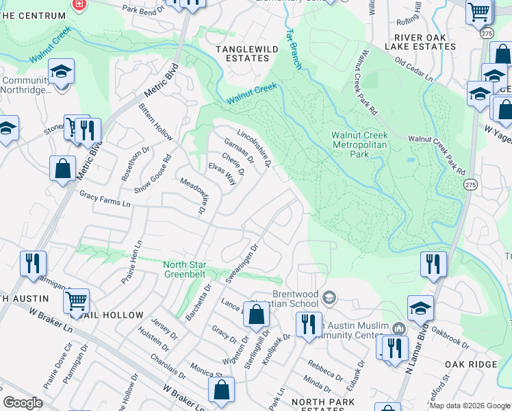 map of restaurants, bars, coffee shops, grocery stores, and more near 11918 Lincolnshire Drive in Austin