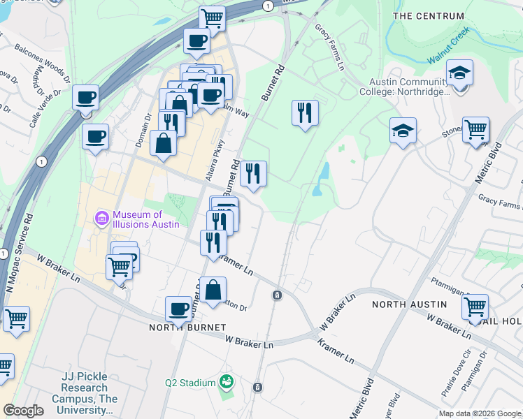 map of restaurants, bars, coffee shops, grocery stores, and more near 2700 Esperanza Crossing in Austin